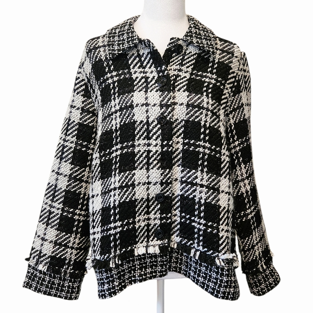 Alfred Dunner Tweed Spliced Plaid Boucle Jacket Black White Weave Medium Office
